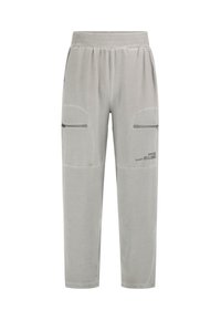 Light gray pants with a relaxed fit, featuring two large side pockets with zippers, elastic waistband, and soft fabric texture.