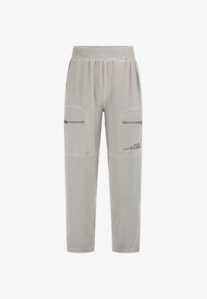 Pantaloni gri deschis cu o croială relaxată, cu două buzunare laterale mari cu fermoar, talie elastică și textură moale a țesăturii.