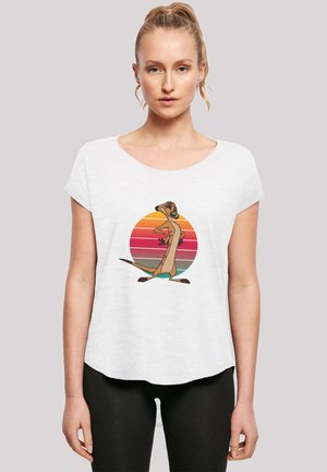 White, short-sleeve t-shirt featuring a cartoon character in front of a multicolored sunset gradient circle. Soft, lightweight fabric.