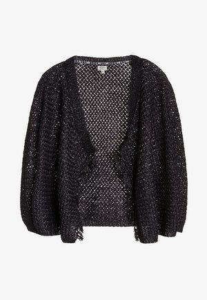 Czarny kardigan o luźnym splotach z dekoltem w kształcie litery V, luźnymi rękawami, frędzlami oraz teksturowanym wzorem w całej konstrukcji.