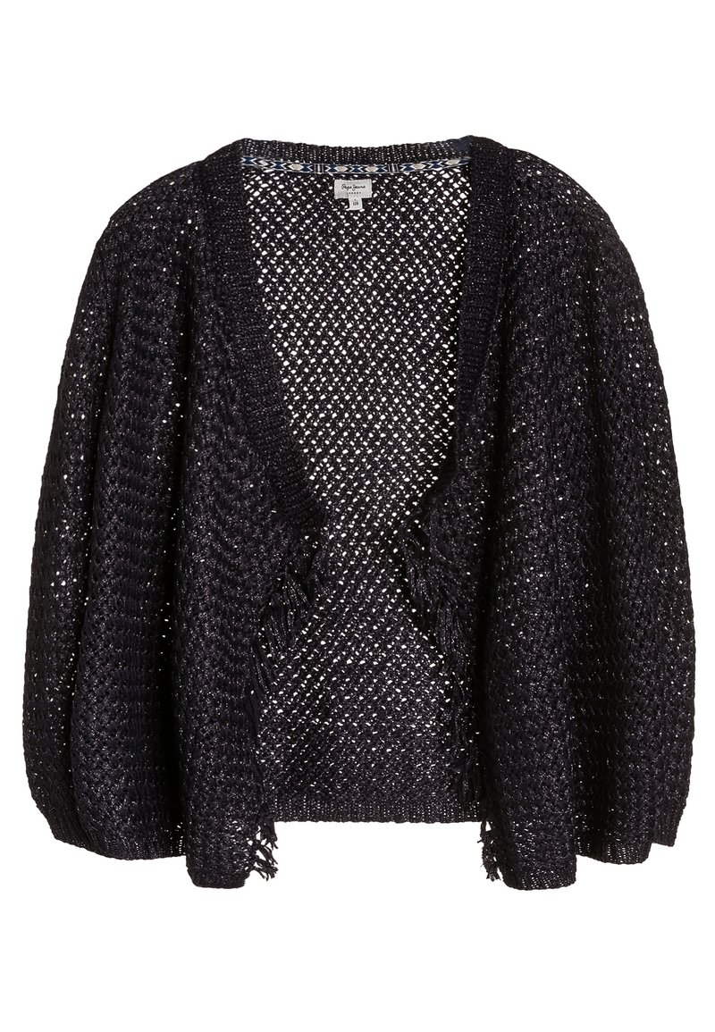 Černý kardigan s otevřeným pletením, V-výstřihem, volnými rukávy, třásněmi a strukturovaným vzorem po celé ploše.
