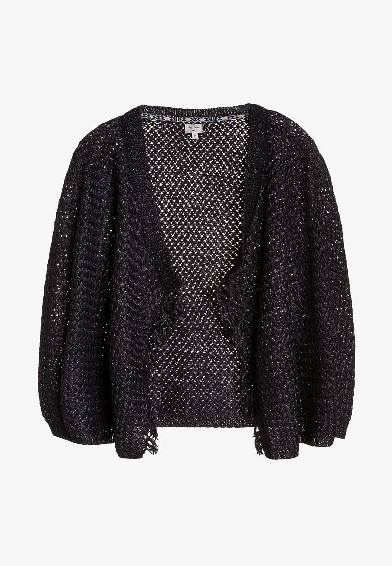 Černý kardigan s otevřeným pletením, V-výstřihem, volnými rukávy, třásněmi a strukturovaným vzorem po celé ploše.