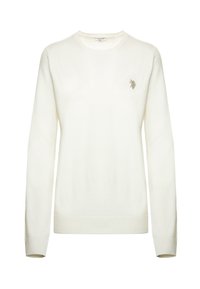 Maglione color crema realizzato in un tessuto morbido, con scollo rotondo, maniche lunghe e un piccolo logo ricamato sul lato sinistro del petto.
