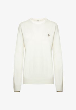 Maglione color crema realizzato in un tessuto morbido, con scollo rotondo, maniche lunghe e un piccolo logo ricamato sul lato sinistro del petto.