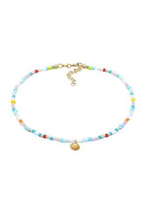 Beaded choker necklace with small colorful beads and a small gold seashell charm at the center, featuring gold clasp and extender chain.