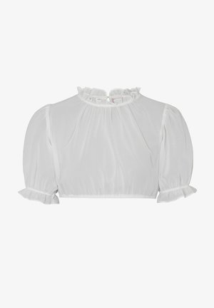 Weiße, verkürzte Bluse mit einem Rüschenausschnitt und Puffärmeln. Hergestellt aus durchscheinendem Stoff, mit subtilem Punktmuster und Rüschensäumen.