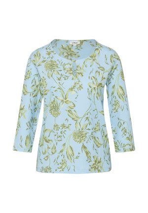 Jasnoniebieska koszula z długim rękawem w zielony kwiatowy wzór, z okrągłym dekoltem i niewielkim otworem z przodu.