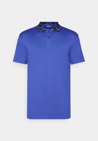 Modra polo majica s kratkimi rokavi, ovratnik s tremi gumbi in vzorčastim črno-modrim notranjim ovratnikom. Gladka tkanina, zasnova v rednem kroju.