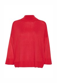 Pull rouge oversize à coupe ample, col rond haut et manches longues larges, présenté sur fond blanc.