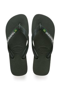 Infradito neri Havaianas con suola testurizzata, cinturini flessibili e accento della bandiera brasiliana verde. Presentano logo in rilievo e dettagli sulle dimensioni.