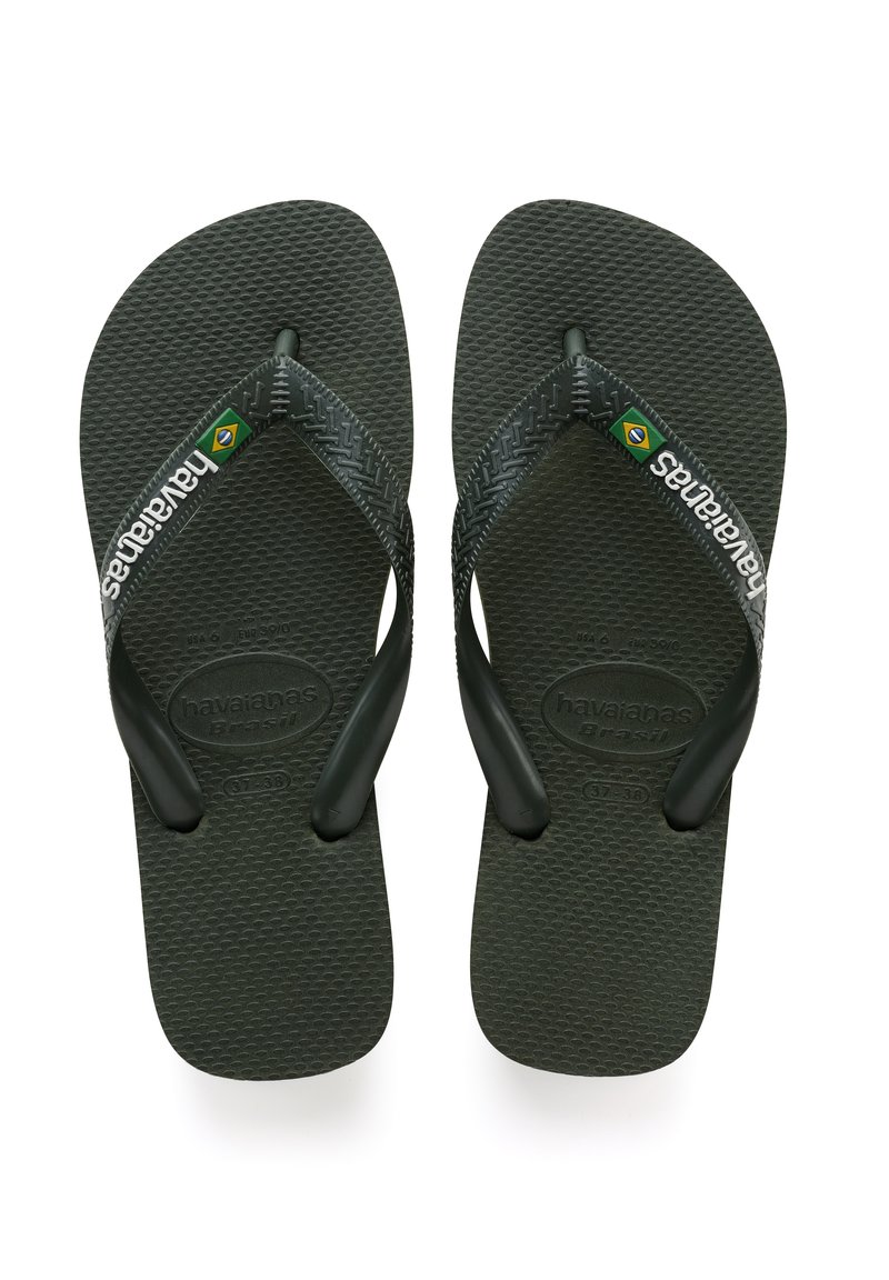 Infradito neri Havaianas con suola testurizzata, cinturini flessibili e accento della bandiera brasiliana verde. Presentano logo in rilievo e dettagli sulle dimensioni.