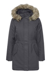 Parka isolée grise avec capuche en fausse fourrure, fermeture à glissière, poches latérales et taille ajustable. Tissu lisse avec des détails de couture robustes.