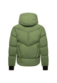 Giacca a vento verde oliva con cappuccio, caratterizzata da un design trapuntato, polsini neri e una superficie liscia. La vista posteriore mostra i modelli di cucitura.