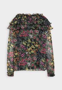 Blouse longue à manches longues en tissu transparent, avec un col froufrouté, présentant un imprimé floral coloré sur fond noir et une bordure noire le long des froufrous.