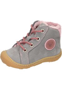 Grijze leren enkelboots met roze nepbont voering, ronde neus, roze veters en een ronde logopatch; rubberen zool met contrasterende stiksels.
