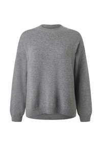 Grauer Strickpullover mit rundem Ausschnitt, langen Ärmeln und gerippten Bündchen sowie Saum. Weiche Textur mit einem leicht oversized Schnitt.