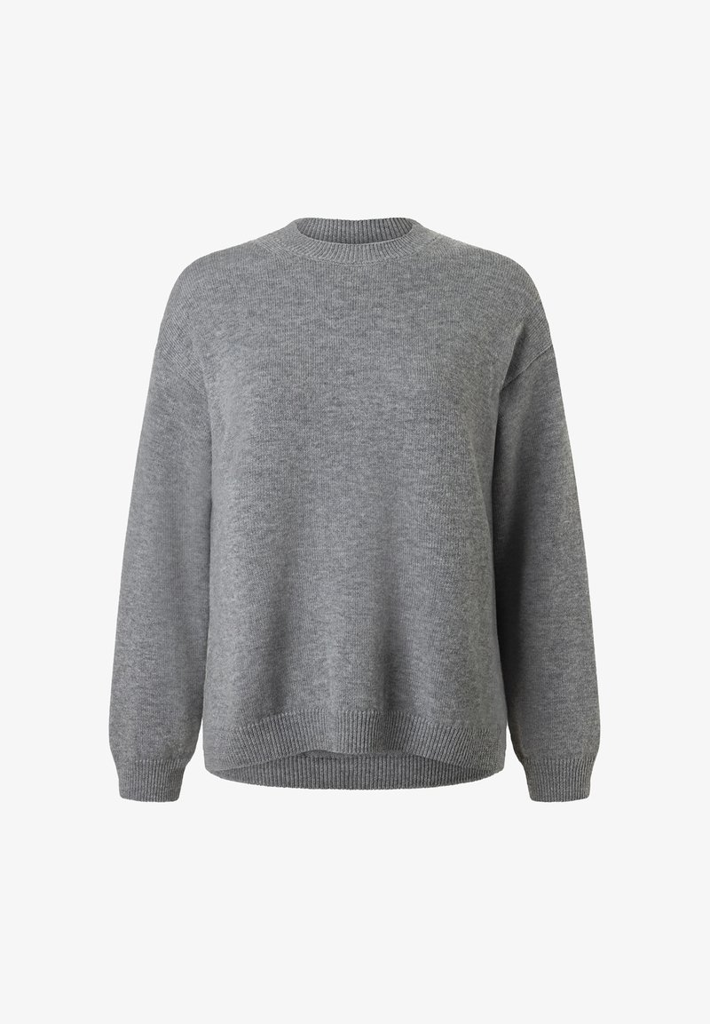 Grauer Strickpullover mit rundem Ausschnitt, langen Ärmeln und gerippten Bündchen sowie Saum. Weiche Textur mit einem leicht oversized Schnitt.