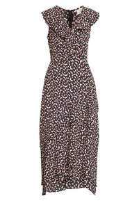 Vestido negro con un estampado floral en rojo y blanco. Presenta mangas con volantes, un corsé ajustado y una falda fluida con volantes. Cierre de cremallera en la parte trasera.