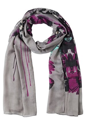 Light gray scarf with purple and black floral patterns and purple dripping paint details, loosely folded with two hanging ends.