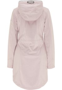 Jasnoróżowa kurtka na zewnątrz z kapturem, charakteryzująca się gładką fakturą, akcentami ze sznureczkami i średniej długości fasonem z częściowym wykończeniem szwów.