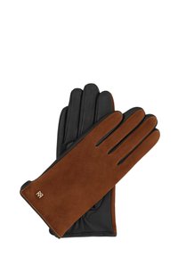 Brūnas zamšādas un melnas ādas cimdi ar piecām pirkstiem, ar smalku šuvju un mazu logo akcentu uz lielā pirksta.