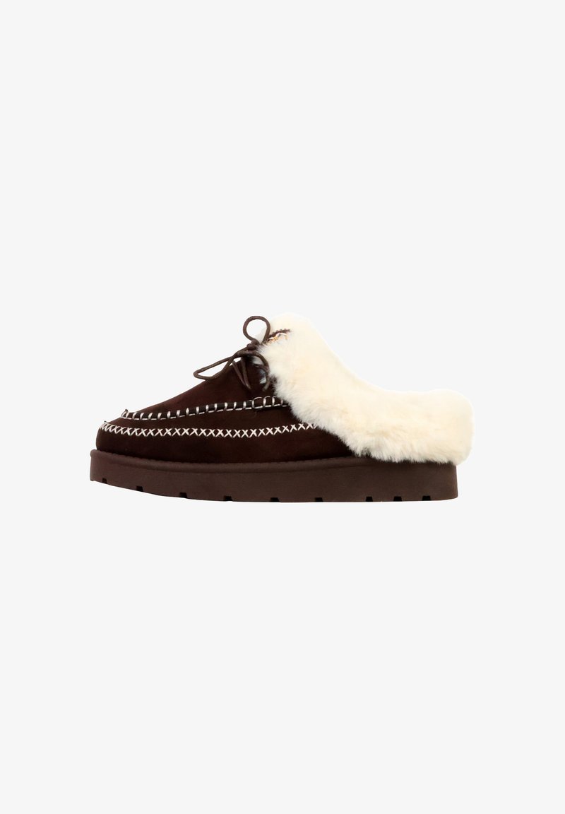 Brown suede slipper with a fluffy cream faux fur collar, decorative white stitching, and a thick, flat brown sole with grooves.
