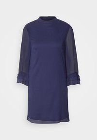 Navy blue dress with a high neckline, long sheer sleeves featuring ruffles, and a straight cut. Smooth fabric texture, above-knee length.