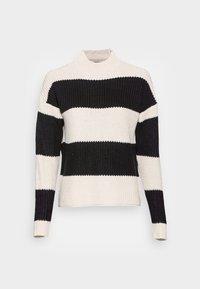 Gestrickter Pullover mit hohem Kragen und abwechselnden breiten schwarzen und cremefarbenen Streifen. Lange Ärmel und durchgehend gerippte Struktur.