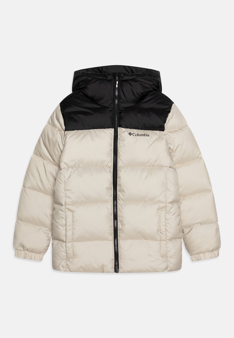 Veste en mousse avec une partie supérieure noire et une partie inférieure beige. Équipée d'une fermeture éclair à l'avant, d'une capuche et de poignets élastiques. Fabriquée en tissu lisse.