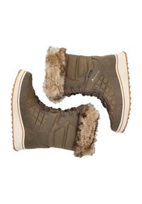 Bruna vinterstövlar med krage av konstgjord päls, quiltat mönster, gummisula och snörning fram. Har vattentåligt material och bra grepp.