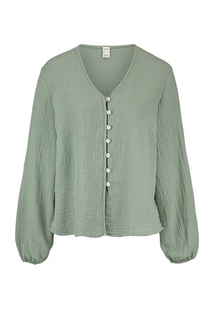 Hellgrüne langärmlige Bluse mit strukturiertem Stoff, V-Ausschnitt, elastischen Bündchen und sieben weißen Knöpfen vorne.