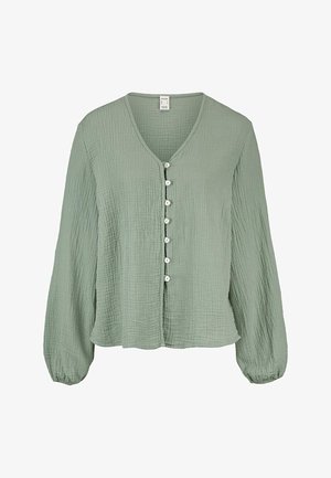 Hellgrüne langärmlige Bluse mit strukturiertem Stoff, V-Ausschnitt, elastischen Bündchen und sieben weißen Knöpfen vorne.