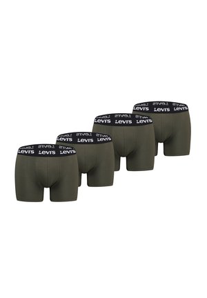 Vier olivgrüne Herren-Boxershorts mit schwarzen elastischen Taillenbändern und weißen Levi's-Logos.
