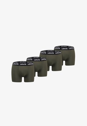 Vier olivgrüne Herren-Boxershorts mit schwarzen elastischen Taillenbändern und weißen Levi's-Logos.