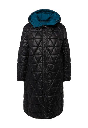 Czarna pikowana kurtka z geometrycznym wzorem, z tealowym kapturem, zamkiem błyskawicznym z przodu i zatrzaskiem. Wykonana z b�łyszczącego, lekkiego materiału.