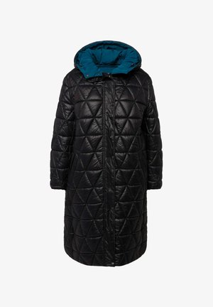 Zwarte gewatteerde jas met een geometrisch patroon, voorzien van een teal kap, een rits aan de voorkant en een drukknoopsluiting. Gemaakt van glanzende, lichte stof.