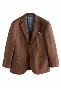 Brauner Leinenblazer mit strukturiertem Finish, mit Reverskragen, zwei vorderen Taschen und einem gemusterten blauen Innenfutter sowie einem Einstecktuch.