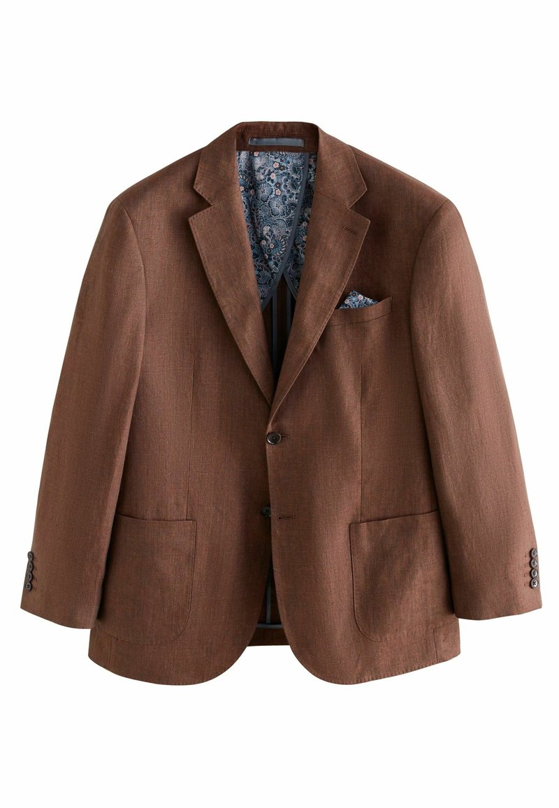 Brauner Leinenblazer mit strukturiertem Finish, mit Reverskragen, zwei vorderen Taschen und einem gemusterten blauen Innenfutter sowie einem Einstecktuch.