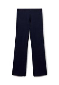 Pantaloni dritti blu navy con cintura elastica e discreto logo ricamato vicino alla vita su sfondo bianco.