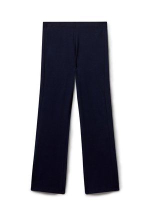 Marineblaue gerade geschnittene Hose mit elastischem Bund und dezentem gesticktem Logo in der Nähe der Taille vor einem weißen Hintergrund.