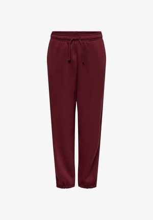 Burgundowe dresy z elastycznym pasem i sznurkiem do regulacji, z elastycznymi mankietami i gładką fakturą materiału, idealne do noszenia na co dzień.