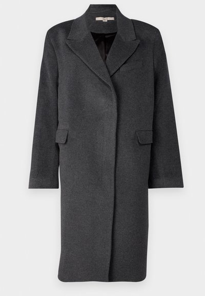 Casaco de lã cinza escuro em mistura, com colarinho notched, bolsos laterais e mangas longas. Apresenta um corte descontraído e um design minimalista.