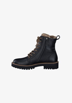 Botas de tornozelo em couro preto com um acabamento texturizado, atacadores castanhos, um fecho lateral e um forro de pelo suave na parte superior. Sola em borracha resistente.