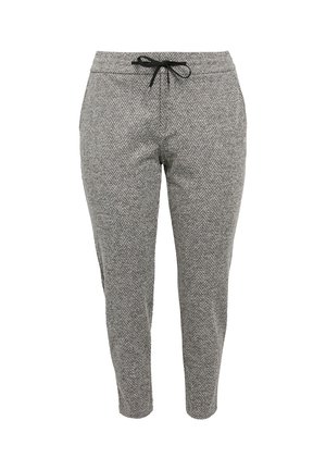 Grau gestreifte Hosen im Fischgrätmuster mit schmal zulaufenden Beinen und schwarzem Kordelzug am elastischen Bund, ausgestattet mit Seitentaschen.