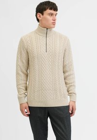Beżowy sweter w splot z grubymi włóczkami, z wysokim dekoltem i krótkim zamkiem błyskawicznym oraz ściągaczami przy mankietach i dole. Tekstura jest wypukła i wzorzysta.