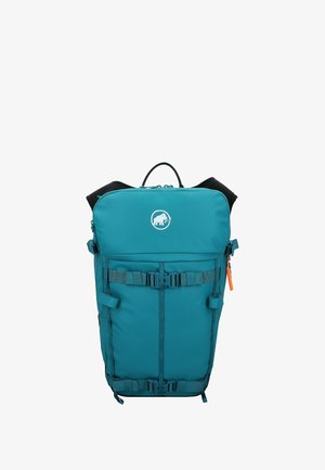 Teal rygsæk med sorte detaljer, justerbare stropper, frontspænder, et topgreb og et hvidt logo af en elefant.