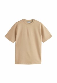 Beige short-sleeve t-shirt made of soft cotton. Features a crew neck and relaxed fit. Smooth texture with minimal stitching details.