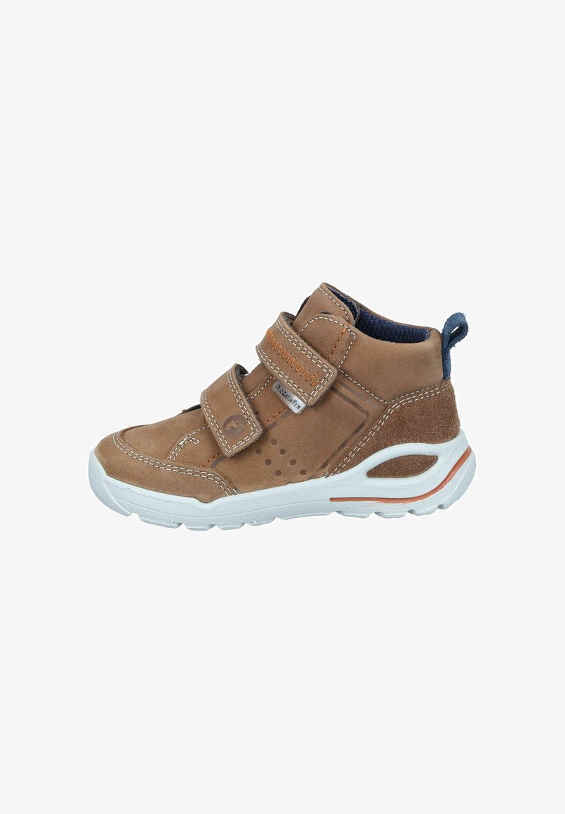 Brown suede high-top shoe with two adjustable Velcro straps, white rubber sole, blue textile lining, and orange accent on the sole.