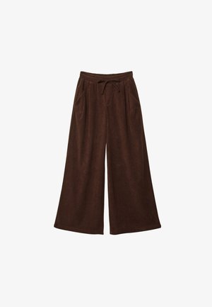 Pantaloni a gamba larga in velluto a coste marrone con vita elasticizzata, coulisse e due tasche laterali, caratterizzati da una texture morbida e un motivo a coste verticali.