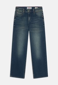 Jeans din denim albastru închis cu croială dreaptă, cinci buzunare și detalii evidente de decolorare. Fermuar standard și închidere cu nasture.